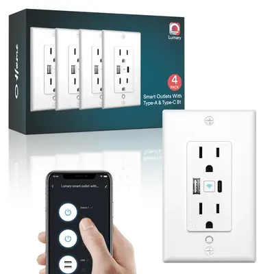 Lumary Smart Outlet USB with Type A and Type C Port in Wall Wi-Fi Socket 4 PCS